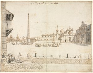 Achtzehn Ansichten von Rom: Die Piazza del Popolo (recto) von Lievin Cruyl