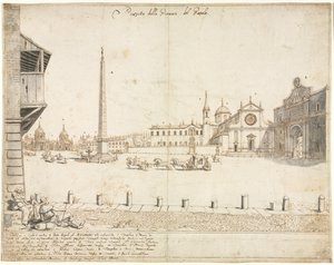 Achtzehn Ansichten von Rom: Die Piazza del Popolo recto, 1664 von Lievin Cruyl