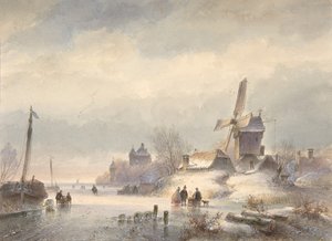 Winterlandschaft mit gefrorenem Fluss, 19. Jahrhundert