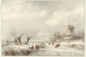 Winterlandschaft mit Schlittschuhläufern bei einer Mühle von Lodewijk Johannes Kleijn