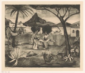 Zwei Männer, die in einem Garten einen Mann tragen von Lodewijk Schelfhout (signed by artist)