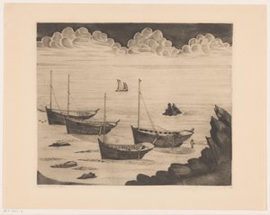 Vier vertäute Schiffe an einem bretonischen Strand von Lodewijk Schelfhout (signed by artist)