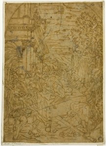 Der heilige Benedikt bewegt den Stein, den ein Dämon unbeweglich gemacht hatte von Lodovico Carracci