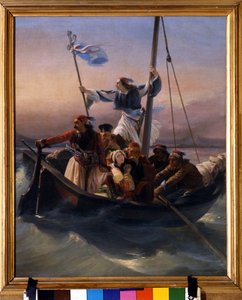 Griechen auf einem Schiff Allegorie Griechenlands auf dem Weg zur Unabhängigkeit nach der osmanischen Herrschaft und dem griechischen Unabhängigkeitskrieg (1821-1830) oder der griechischen Revolution. Gemälde von Ludovico Lipparini (1800-1856) 1848 Verona