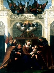 Heilige Familie mit dem heiligen Nikolaus von Tolentino, 1515-1530 von Lodovico Mazzolini