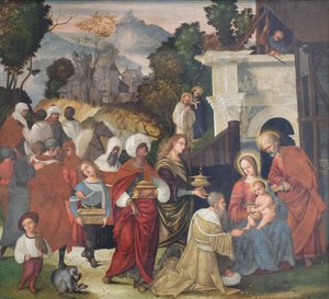 Anbetung der Heiligen Drei Könige mit den Heiligen Bernhard und Alderic in der Landschaft von Lodovico Mazzolino