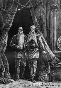Zeichnung von Leon Benett, aus dem Buch von Jules Verne „Die 500 Millionen der Begum“ - Hetzel-Ausgabe / Außergewöhnliche Reisen 1879. Erscheinung von Arminius und Sigimer, zwei beeindruckende Bärtige.