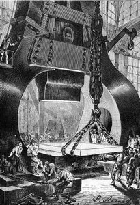 Zeichnung von Leon Benett, aus dem Buch von Jules Verne „Die 500 Millionen der Begum“ - Ausgabe Hetzel/Außergewöhnliche Reisen 1879. Hammer Trommler bei der Arbeit in einer Stahlgießerei. von Léon Benett
