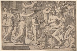 Venus und Mars, bedient von Amor und den drei Grazien von Léon Davent, after Luca Penni