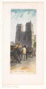 Ansicht der Notre-Dame in Paris mit Buchhändlern im Vordergrund