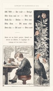 Denis, Pflicht, Finger, Wörterbuch, Diktieren, Dahlie, Wildleder, Spitze, Truthahn, Sonntag, Zeichnung, Abendessen, Dessert, Seite 17 - Alphabet von Mademoiselle Lili, von L. Froelich und von einem Vater (Hetzel selbst). Bibliotheque & Magasin d
