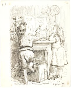 Die zwei Kinder präparieren Schmetterlinge