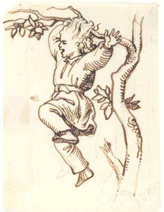 Junge, der an einem Ast in einem Baum hängt von Lorenz Frølich
