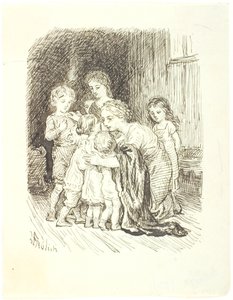 Eine Mutter, die kniend eine Gruppe Kinder um sich versammelt