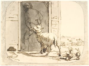 Ein Lamm wird in den Stall geführt von Lorenz Frølich