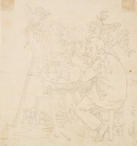 Maler bei der Arbeit, umgeben von Elfen und anderen Wesen von Lorenz Frølich