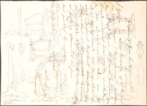 Möbelskizzen über einem Brief gezeichnet von Lorenz Frølich
