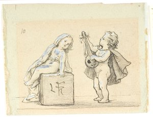 Vignette mit Junge, der Mandoline für ein Mädchen spielt