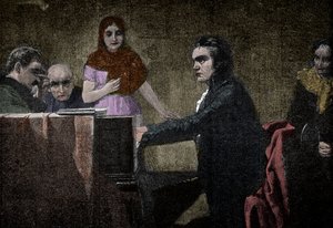 Ludwig van Beethoven spielt die Mondscheinsonate - Gravur nach Lorenz Vogel - Ludwig van Beethoven (1770-1827), deutscher Musiker, spielt die Sonate in UT-Moll (Mondschein - Mondschein) nach dem Gemälde von Lorenz Vogel (1846-1902)