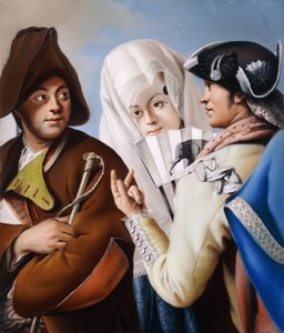 Ein Herr in einer phrygischen Mütze wird von einem Herrn in einem gelben Mantel und einem schwarzen Dreispitz angesprochen, mit einer Dame in einem blauen Brokatkleid und einer weißen Mantilla