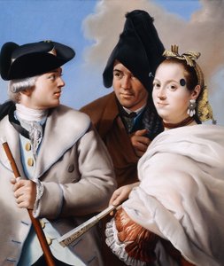 Ein Herr mit einem Dreispitz, der einen Stock hält, ein Herr mit einer schwarzen phrygischen Mütze und eine junge Frau mit einer Mücke in einem roten Kleid von Lorenzo Baldissera Tiepolo