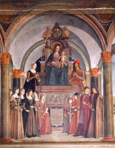 Madonna mit Kind und Engeln, von Lorenzo Costa, Bentivoglio-Kapelle in der Kirche San Giacomo Maggiore, Bologna, Italien von Lorenzo Costa