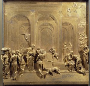Leben von Jakob und Esau: Esau verkauft sein Erstgeburtsrecht und Isaak segnet Jakob. Originaltafel der Paradiespforte von Lorenzo Ghiberti