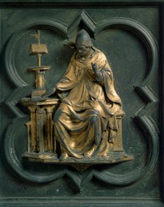 Nordtor (genannt Tor des Kreuzes, Norden), Außendetail: Heiliger Gregor der Große. Bronzeskulptur von Lorenzo Ghiberti (1378-1455)