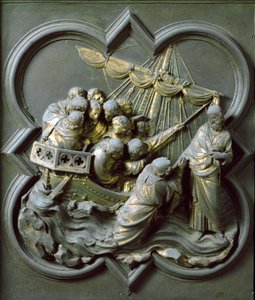 Nordtor (genannt Kreuztor, im Norden), Außendetail: Christus geht auf dem Wasser. Bronzeskulptur von Lorenzo Ghiberti von Lorenzo Ghiberti