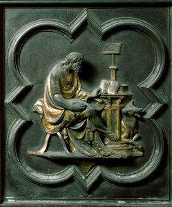 Nordtor (genannt Kreuztor, nach Norden), Außendetail: Evangelist Lukas. Bronzeskulptur von Lorenzo Ghiberti