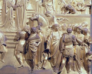 Das Treffen von König Salomo und der Königin von Saba, Detail der Begleiter, von der Originaltafel der Osttüren des Baptisteriums, 1425-52 (nach Restaurierung) von Lorenzo Ghiberti