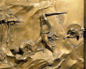 Die Geschichte von Kain und Abel, Detail der Tötung von Abel, Originaltafel der Osttüren des Baptisteriums, 1425-52 (nach Restaurierung)