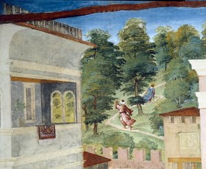 Heilige Barbara wird durch den Wald gejagt, Christus-Weinstock und Legende der Heiligen Barbara (Detail) von Lorenzo Lotto