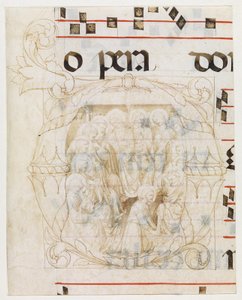 Christus wäscht den Aposteln die Füße in einem Initial D, Textfragmente und Notenlinien von Lorenzo Monaco