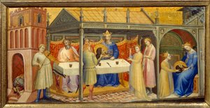 Herodes Bankett: Die Tochter von Herodias (Salome), eingeladen, während des Geburtstags von Herodes zu tanzen, verführt Herodes, der schwört, ihr alles zu geben, was sie verlangt. Sie antwortet auf Anstiftung ihrer Mutter: "Gib mir hier, auf von Lorenzo Monaco