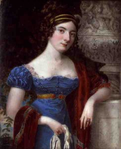 Dame in einem blauem Kleid mit Spitzenbordüre von Lorenzo Thewenti