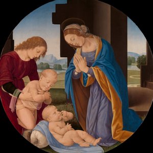 Madonna, die das Kind anbetet, mit dem kleinen Johannes dem Täufer und einem Engel, frühe 1490er von Lorenzo di Credi