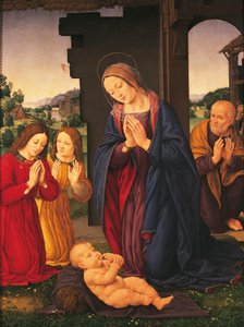 Die Anbetung des Kindes und der Engel, von Lorenzo di Credi (1459-1536), Tempera auf Leinwand von Lorenzo di Credi