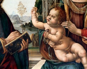 Jungfrau mit Kind und zwei Heiligen, St. Matthäus und St. Hieronymus (Detail) Gemälde von Lorenzo di Credi (1459-1537) Florenz, Kirche Santo Spirito, Italien