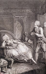Gentilhomme erklärt einer Dame seine Liebe, die auf einer Schäferin schmachtet - in „Les françaises ou 34 exemples choisis dans les moeurs actuelles propres à diriger les filles, les femmes, les mères“ von Restif de La Bretonne (1734-1806), ill. von Binet, von Louis (after) Binet