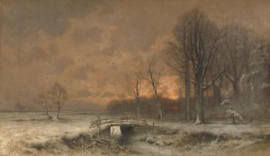 Winterszene mit untergehender Sonne hinter Bäumen