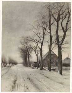 Winterlandschaft mit Bauernhof an einer Allee