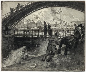 Holzschnitt für Schleuse des Canal Saint-Martin von Louis Auguste Lepère