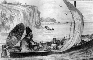 Ich wurde von der Strömung getrieben, Gravur nach einer Zeichnung von M. de Sainson für das Buch von Daniel Defoe „Robinson Crusoe“, französische Ausgabe von 1837