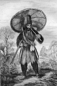 Ich trug einen Hut von einer Höhe... Gravur nach der Zeichnung von M. de Sainson für das Buch von Daniel Defoe „Robinson Crusoe“ französische Ausgabe von 1837.