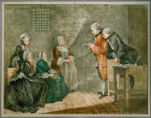 Die unglückliche Familie Calas - Witwe und Kinder hören im Gefängnis Conciergerie die Aufhebung des Urteils gegen den Vater von Louis Carrogis