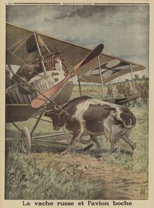 Kuh verhindert den Start eines deutschen Flugzeugs, Luzk, Russland, Erster Weltkrieg von Louis Charles (after) Bombled