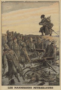 Russischer Soldat entdeckt einen deutschen Schützengraben mit Maschinengewehren, die von Dummys bemannt sind; Erster Weltkrieg von Louis Charles (after) Bombled