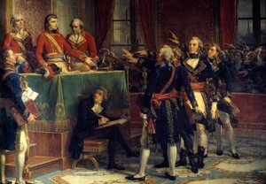 Die drei Konsuln: Bonaparte, Cambaceres und Lebrun empfangen die Eide der Präsidenten. Rechts Emmanuel-Joseph (Emmanuel Joseph) Sieyes (1748-1836) und Pierre-Roger (Pierre Roger) Ducos (Roger Ducos) (1747-1816). Gemälde von Louis Charles Auguste Coud