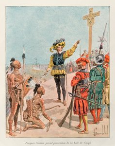 Bombled Louis (1862 - 1927); Jacques Cartier (1491 - 1557) nahm im Jahr 1534 im Namen des Königs von Frankreich, François I., Besitz von der Bucht von Gaspé in Kanada (Cartier zeigt das Wappen von Frankreich auf dem Kreuz, das er gepflanzt hatte); Histoire